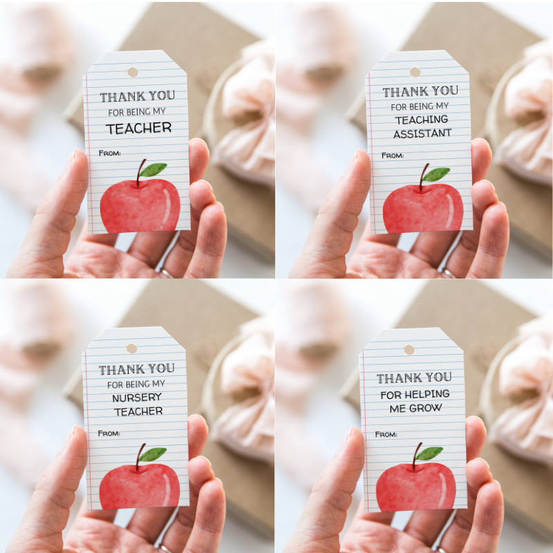 DIGITAL Teacher, Teaching Assistant, Nursery Teacher and Grow Thank You Gift Tag Bundle - Apple