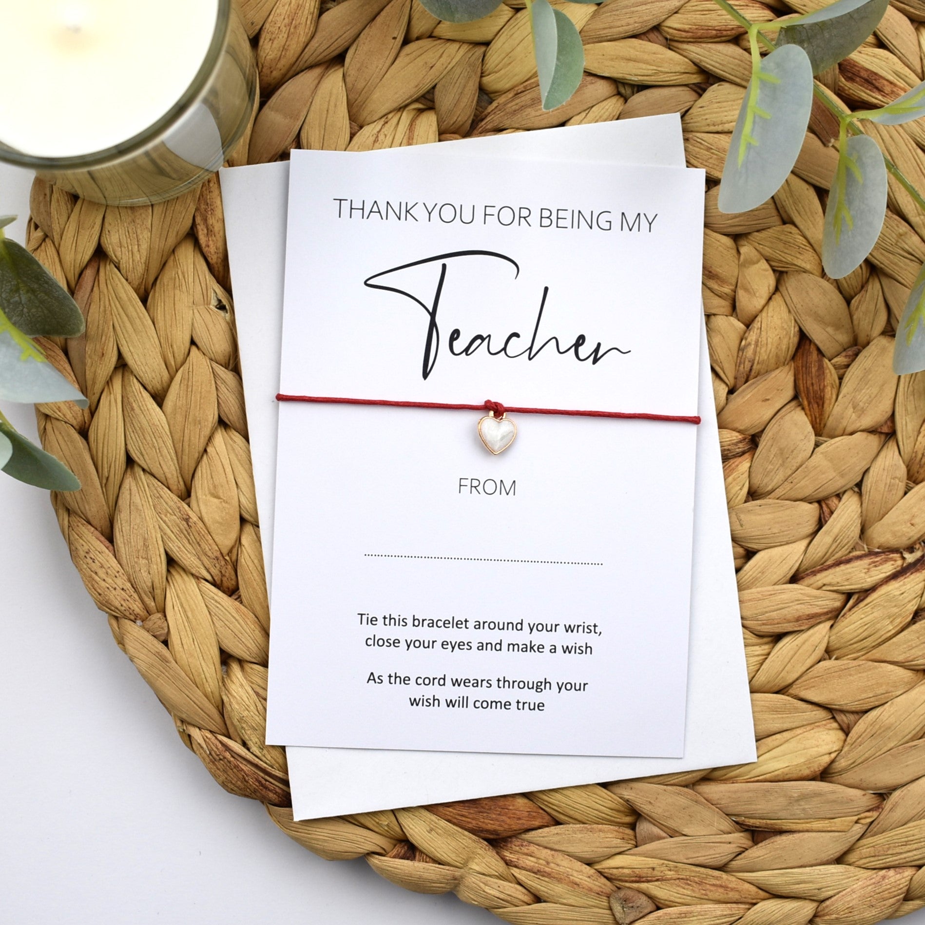 Thank You For Being My Teacher Wish Bracelet Heart Charm