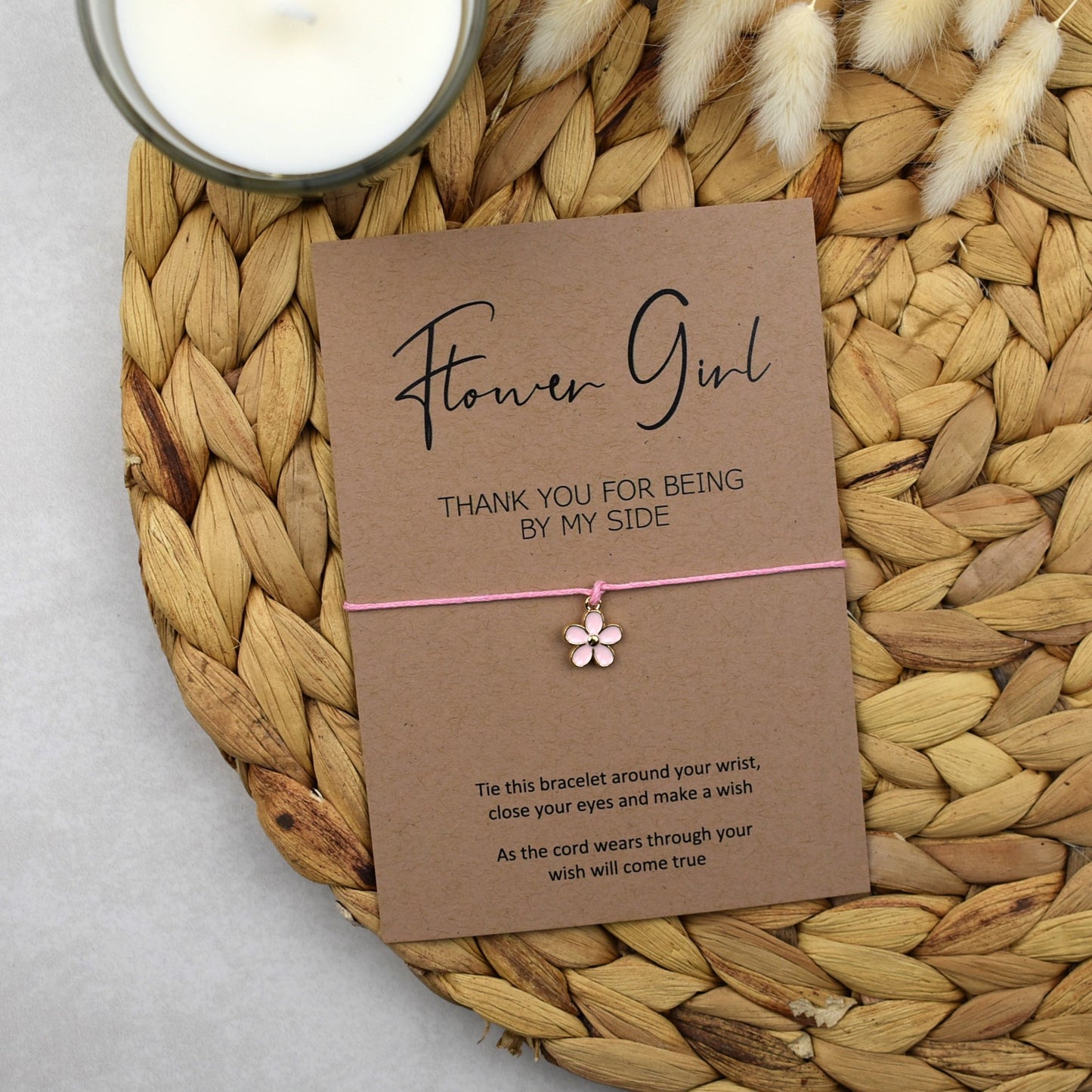Rustic Flower Girl Thank You For Being By My Side Wish Bracelet - Pink Flower Charm