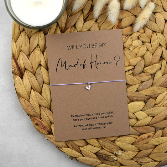 CLEARANCE - Rustic Will You Be My Bridesmaid Wish Bracelet - White Heart Charm