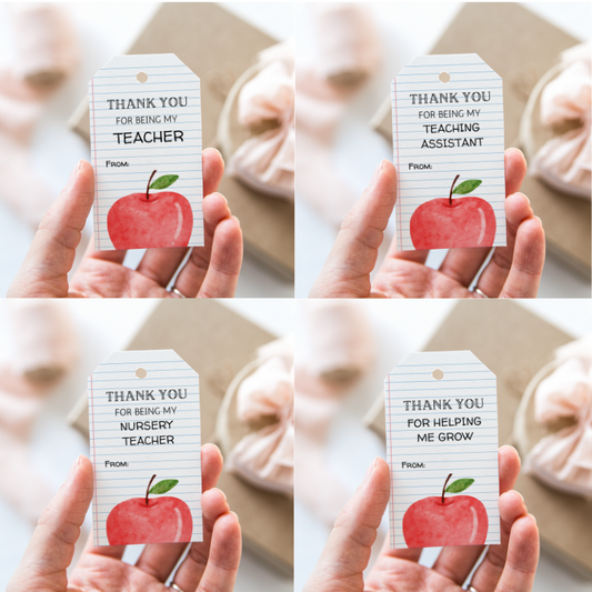 DIGITAL Teacher, Teaching Assistant, Nursery Teacher and Grow Thank You Gift Tag Bundle - Apple