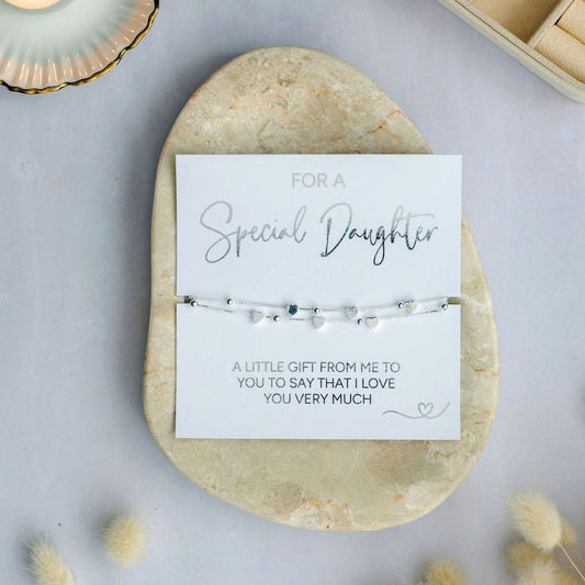 For a Special Daughter silver bracelet with heart charm, adjustable jewellery keepsake, thoughtful and meaningful gift for birthdays, Christmas graduation or special occasions, perfect present for teen, adult or little daughter.