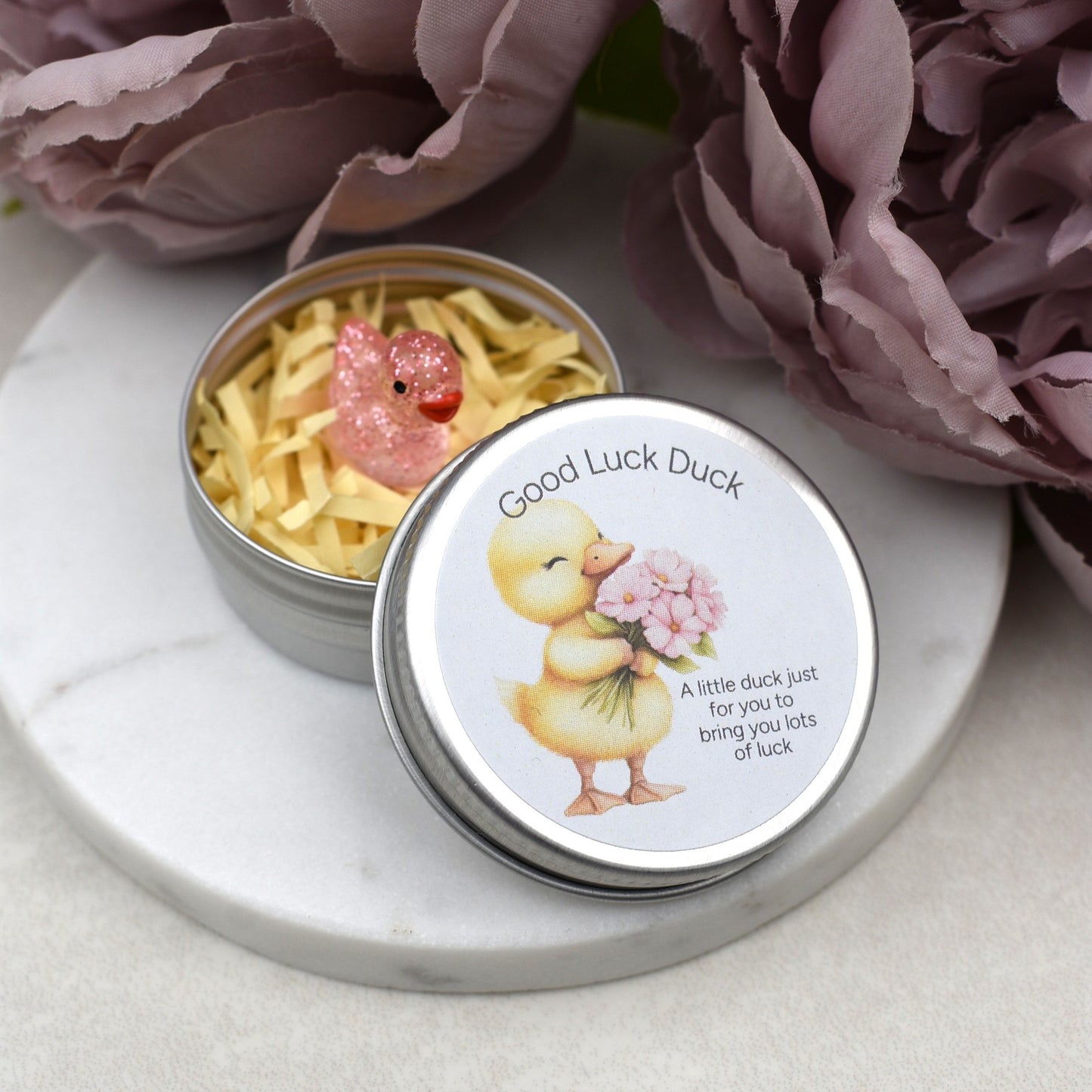 Good Luck Duck Tin - Flowers - Glitter Duck