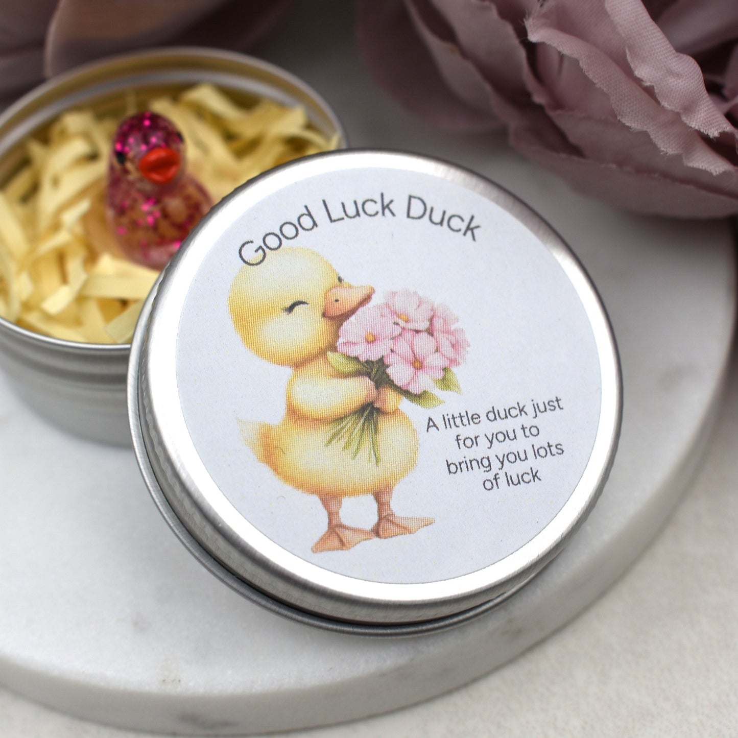 Good Luck Duck Tin - Flowers - Glitter Duck