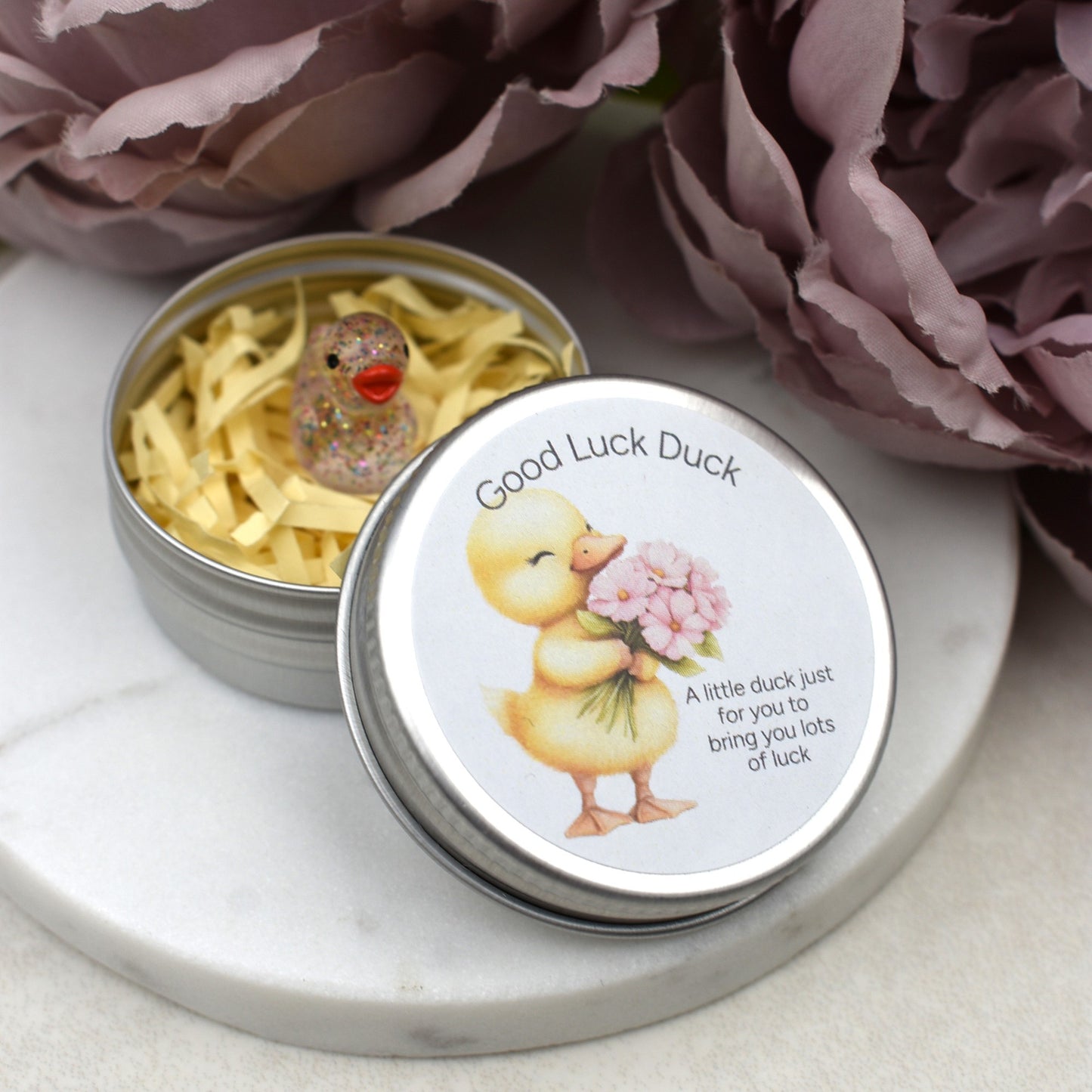 Good Luck Duck Tin - Flowers - Glitter Duck