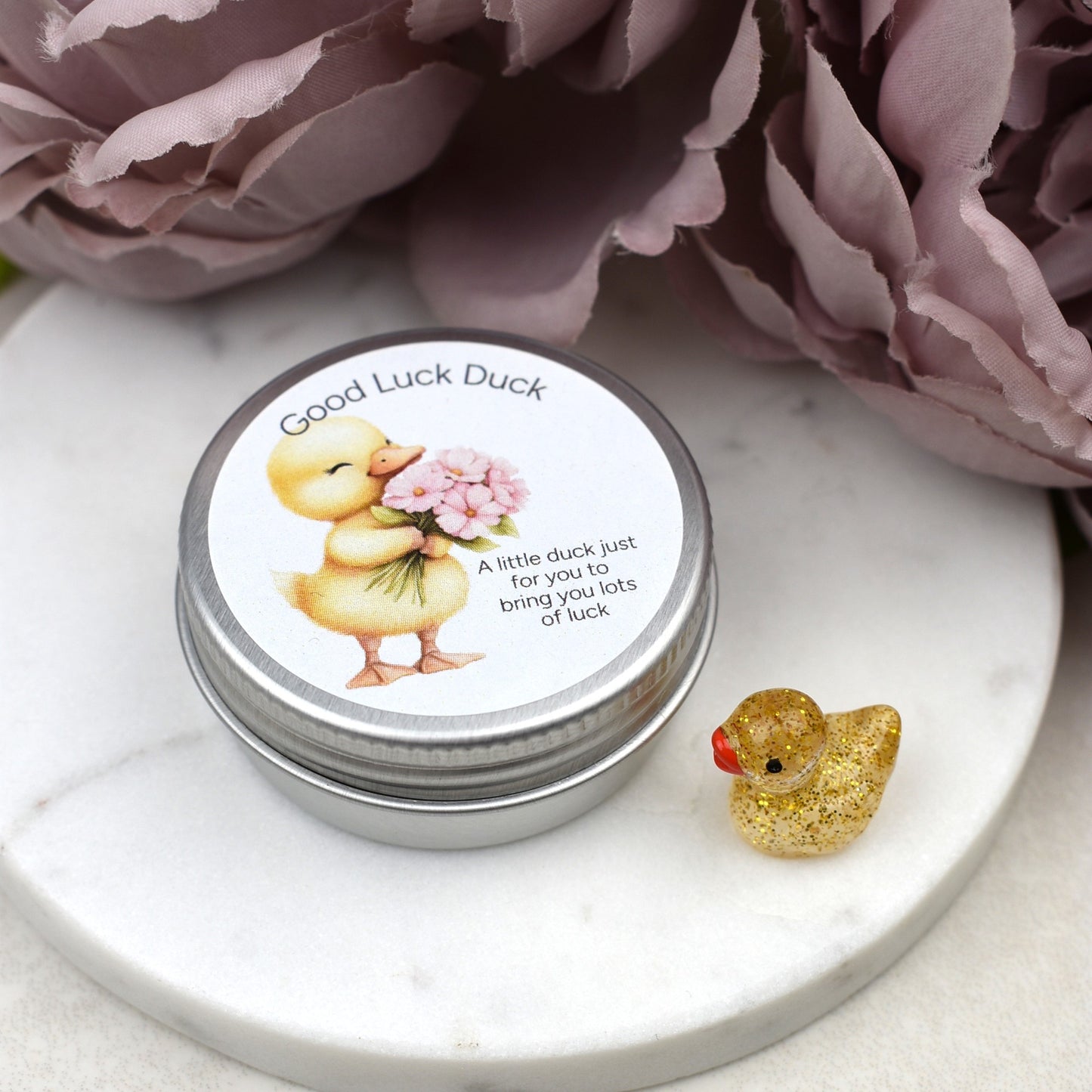 Good Luck Duck Tin - Flowers - Glitter Duck