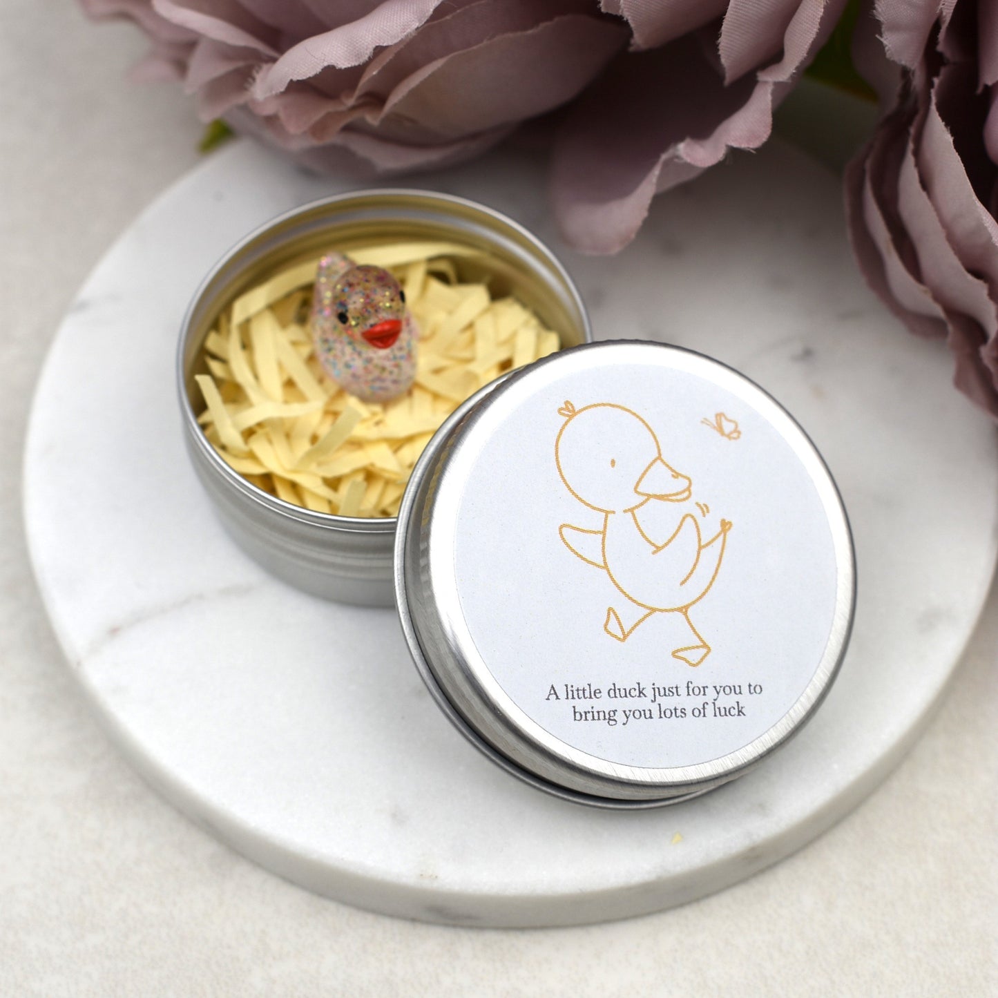 Good Luck Duck Tin - Yellow Butterfly - Glitter Duck