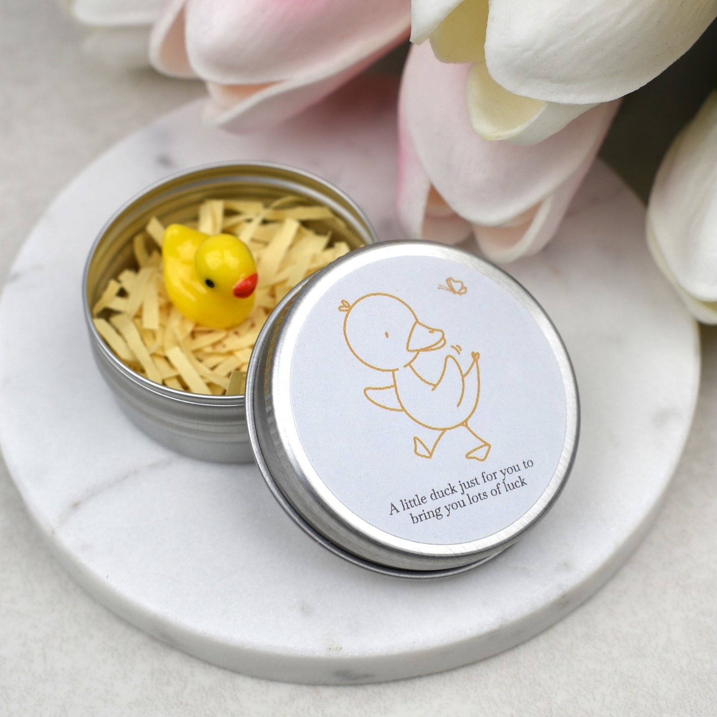 Lucky Duck Keepsake in Tin – A Tiny Gift of Good Luck & Encouragement - Yellow Butterfly
