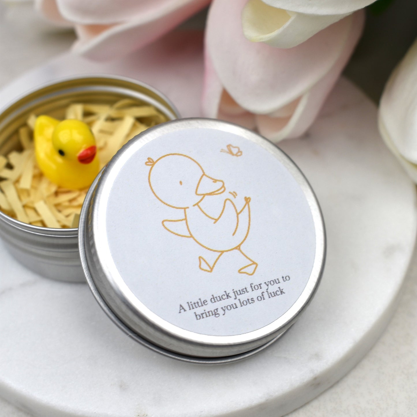 Lucky Duck Keepsake in Tin – A Tiny Gift of Good Luck & Encouragement - Yellow Butterfly