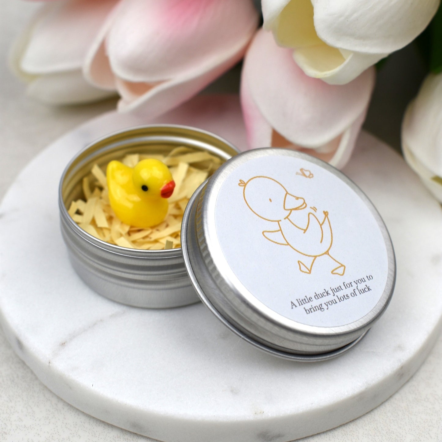 Lucky Duck Keepsake in Tin – A Tiny Gift of Good Luck & Encouragement - Yellow Butterfly