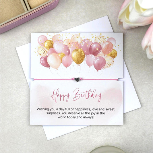Happy Birthday bracelet featuring a delicate charm on a card, thoughtful birthday jewellery keepsake gift for her