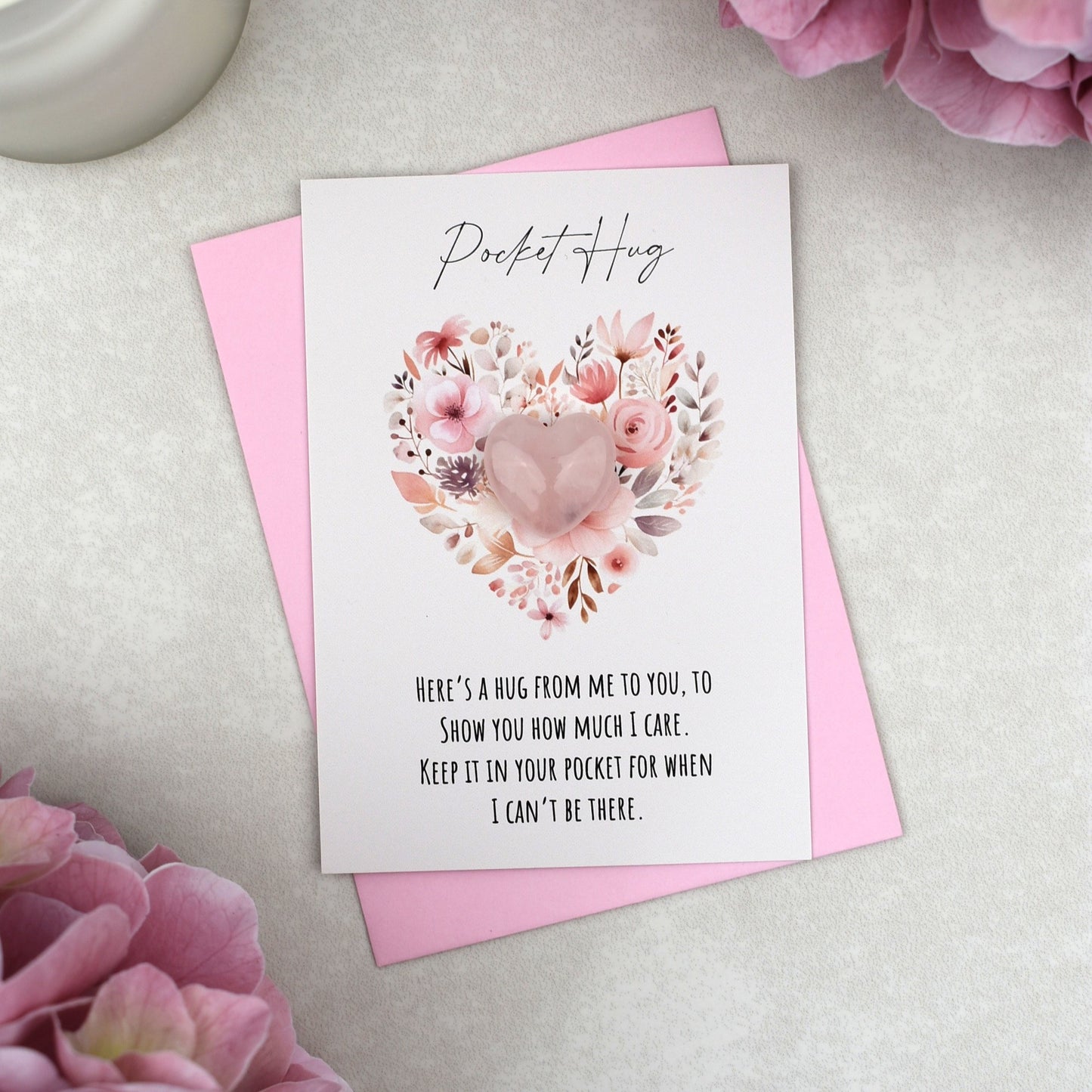 CLEARANCE - Rose Quartz Floral Heart Pocket Hug