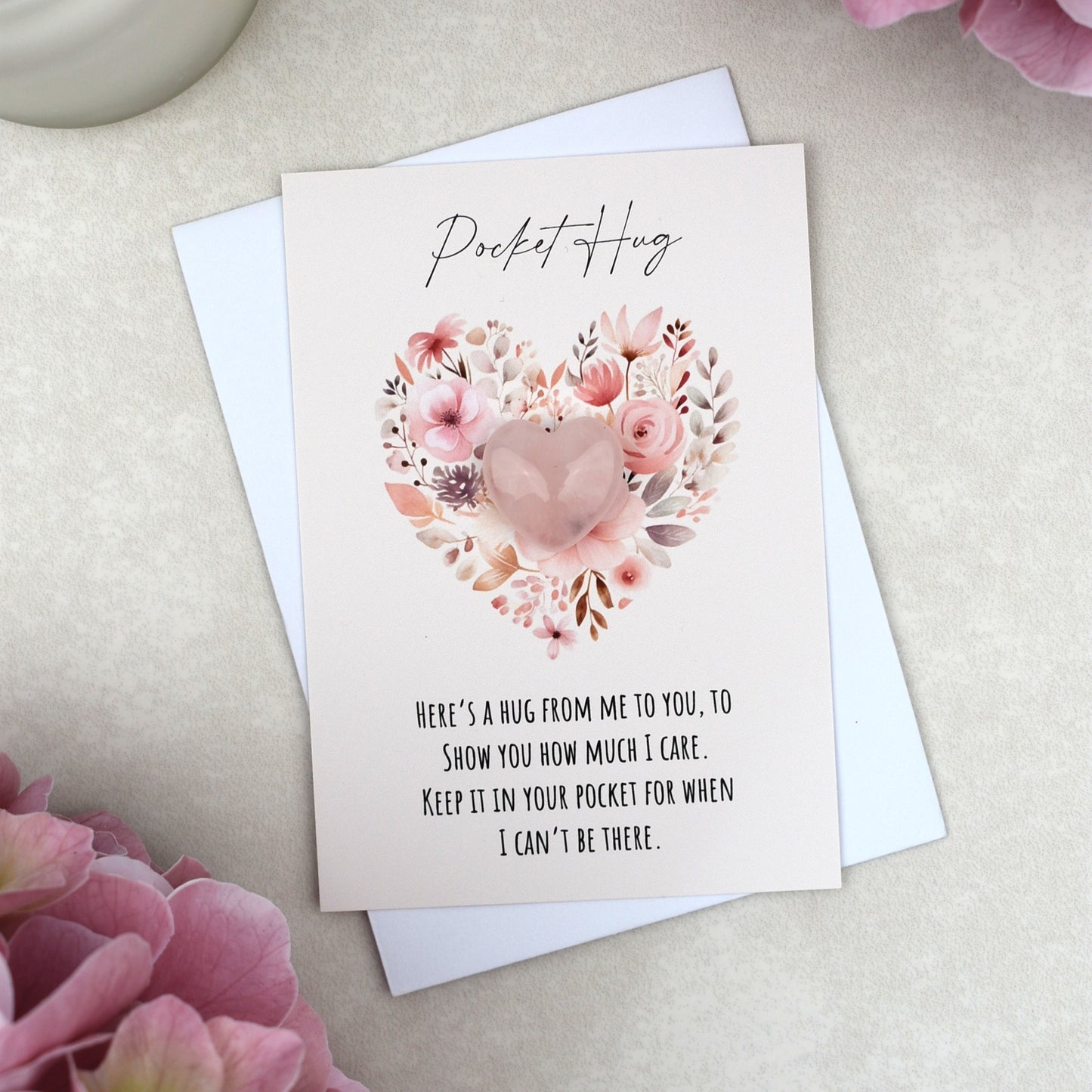 CLEARANCE - Rose Quartz Floral Heart Pocket Hug