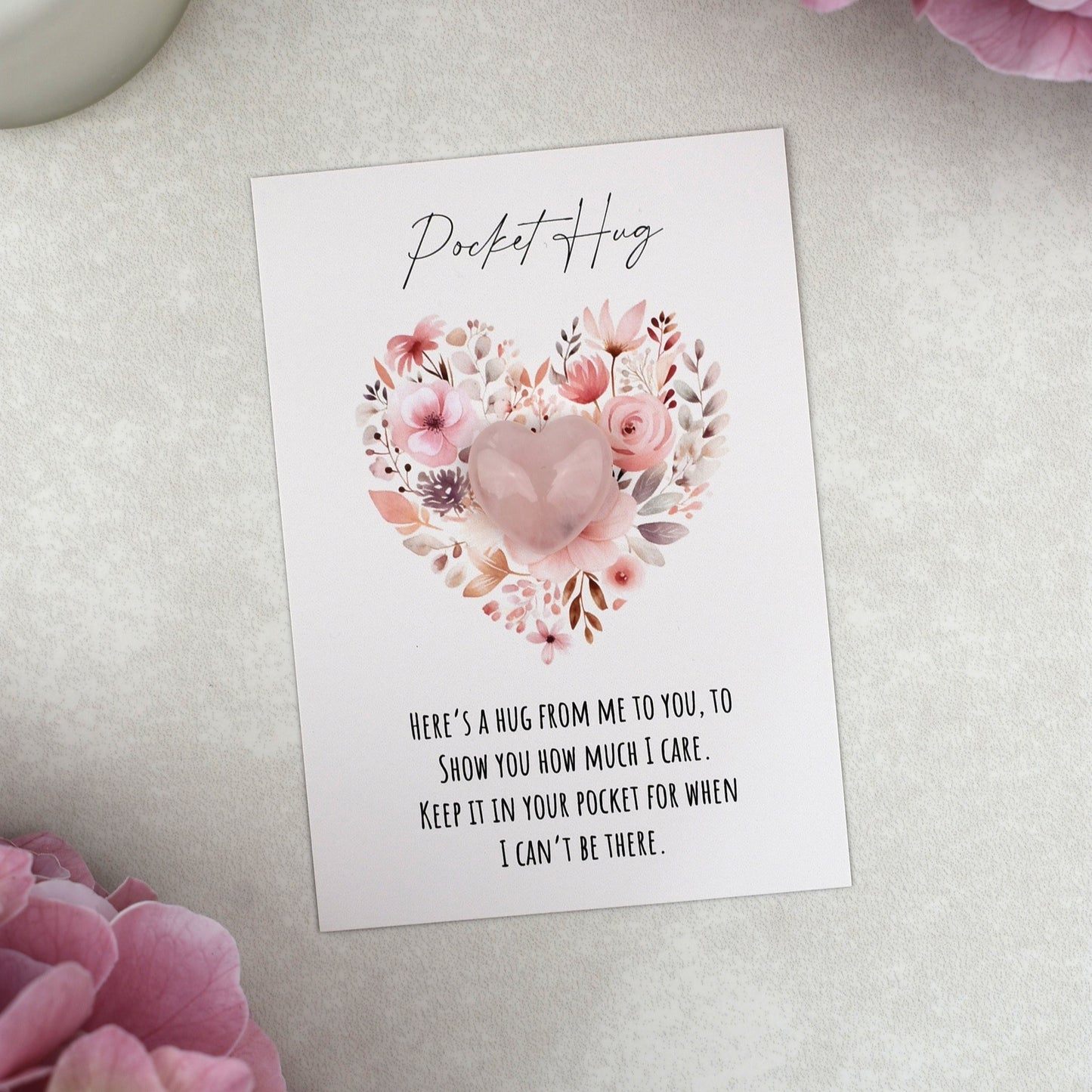CLEARANCE - Rose Quartz Floral Heart Pocket Hug