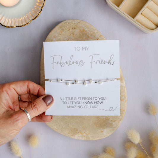 A beautiful fabulous friend bracelet featuring a delicate heart charms, perfect for celebrating a special friendship. A meaningful friendship jewellery gift for birthdays, thank you’s or just because, showing love and appreciation for a fabulous friend.