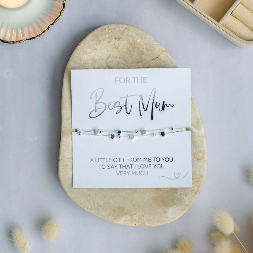 Silver Best Mum bracelet with a heart charms. Perfect heartfelt present for special occasions or simply to show love to a wonderful Mum.