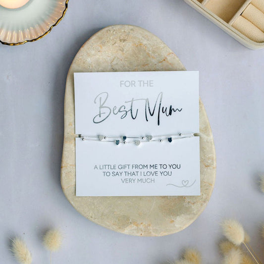 Silver Best Mum bracelet with a heart charms. Perfect heartfelt present for special occasions or simply to show love to a wonderful Mum.