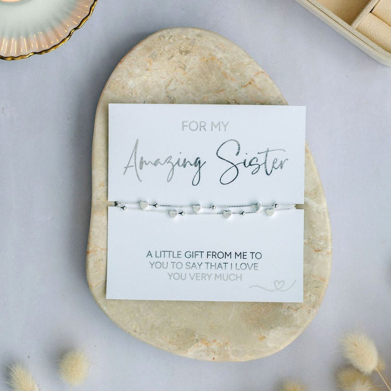 For My Amazing Sister silver bracelet with heart charm, adjustable keepsake jewellery, thoughtful and meaningful gift for birthdays, Christmas, graduation or special occasions, perfect present for teen, adult or little Sister.