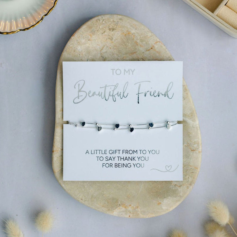 Beautiful friend bracelet with heart charms and minimalist design. Perfect sentimental jewellery gift for best friends to show love and appreciation.