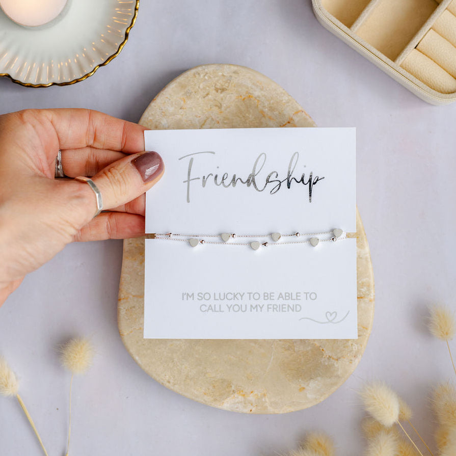 Meaningful silver friendship bracelet designed to symbolise love, loyalty and shared memories, ideal as a thoughtful best friend gift.