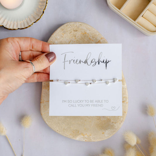 Meaningful silver friendship bracelet designed to symbolise love, loyalty and shared memories, ideal as a thoughtful best friend gift.