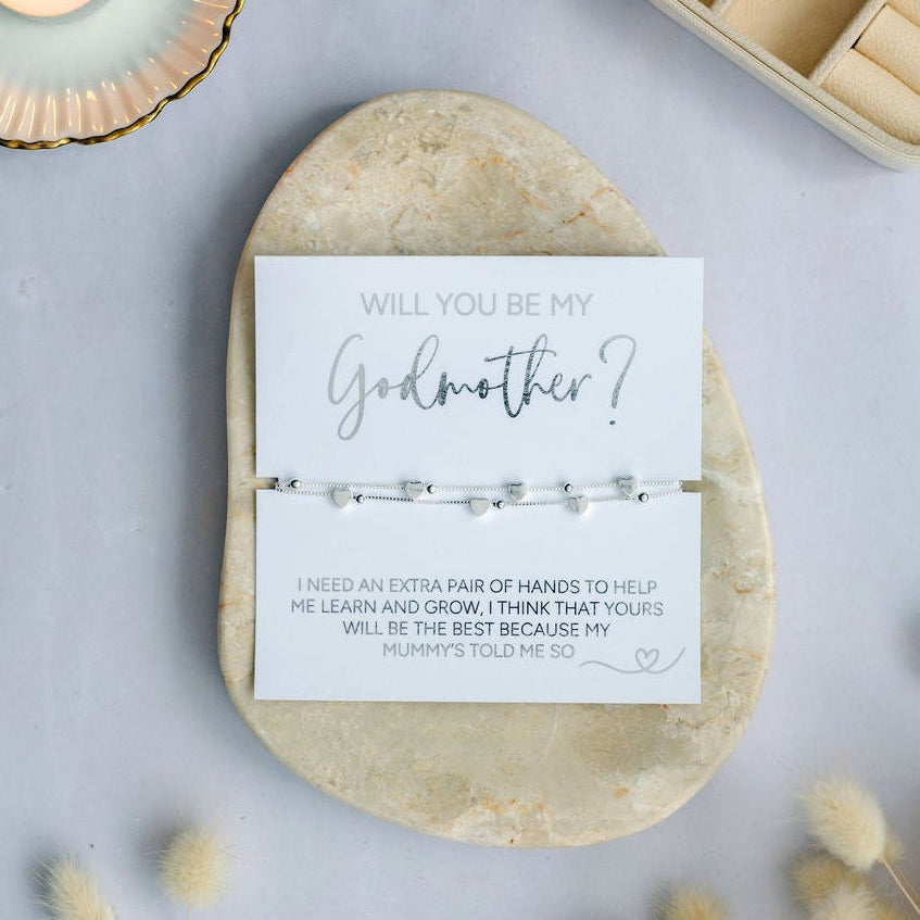 Elegant silver ‘’Will You Be My Godmother’ bracelet from the child’s Mummy’s, perfect Godmother proposal gift, heart charm keepsake, meaningful christening or baptism jewellery, thoughtful LGBTQ+ baby announcement present.