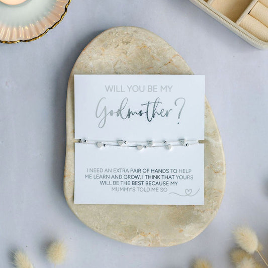Elegant silver ‘’Will You Be My Godmother’ bracelet from the child’s Mummy’s, perfect Godmother proposal gift, heart charm keepsake, meaningful christening or baptism jewellery, thoughtful LGBTQ+ baby announcement present.
