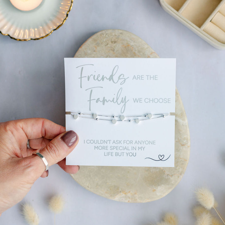 Friends Are the Family We Choose silver bracelet with heart charms, adjustable friendship jewellery, thoughtful gift for best friend, BFF, birthdays, Christmas, graduation or special occasions, meaningful keepsake to celebrate friendship.
