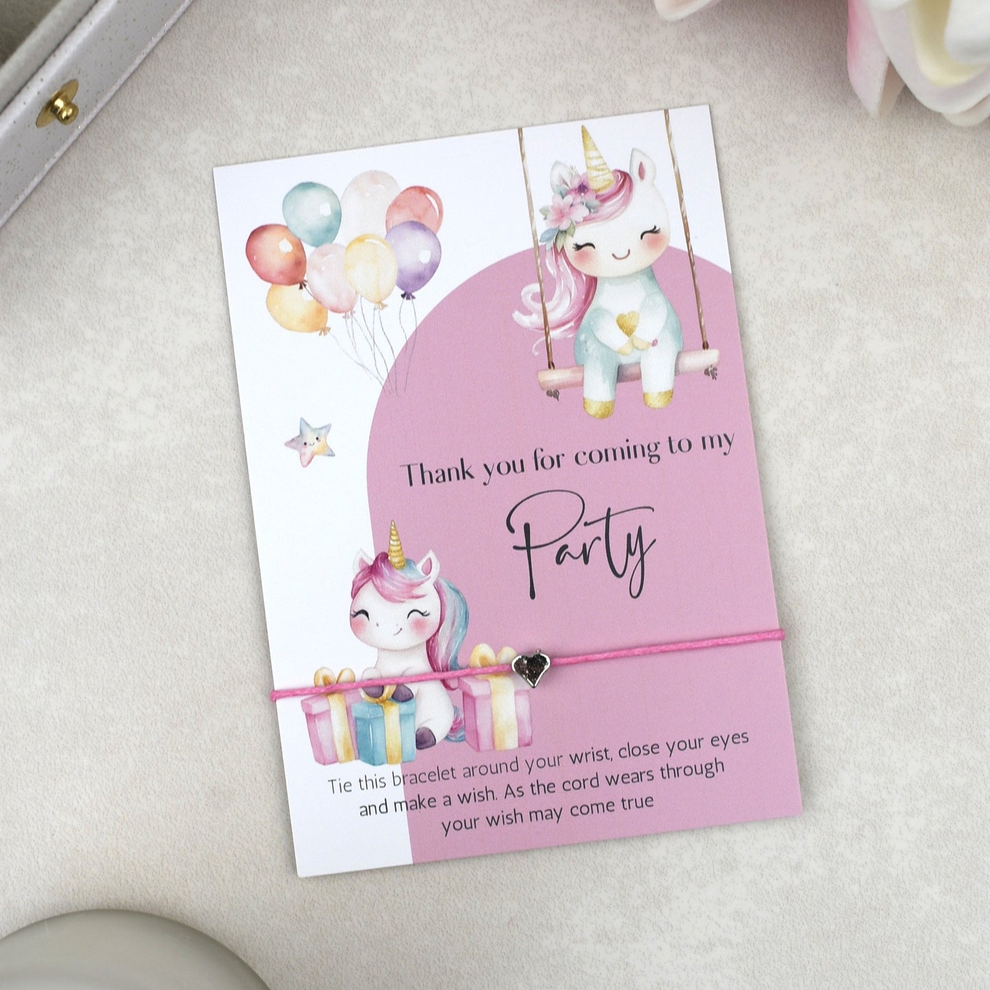 CLEARANCE - Thank You For Coming To My Party Unicorn Wish Bracelet | Heart Charm