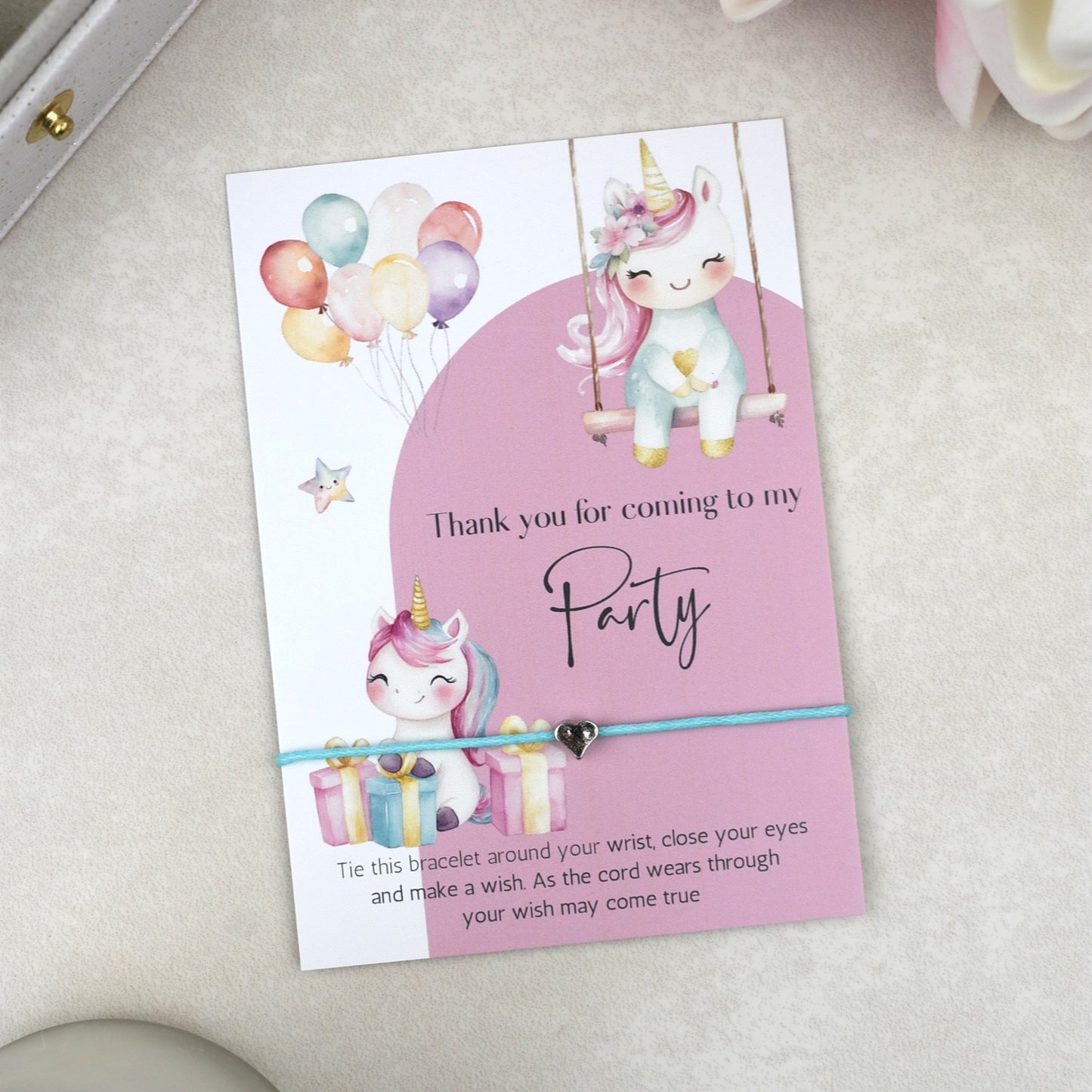 CLEARANCE - Thank You For Coming To My Party Unicorn Wish Bracelet | Heart Charm