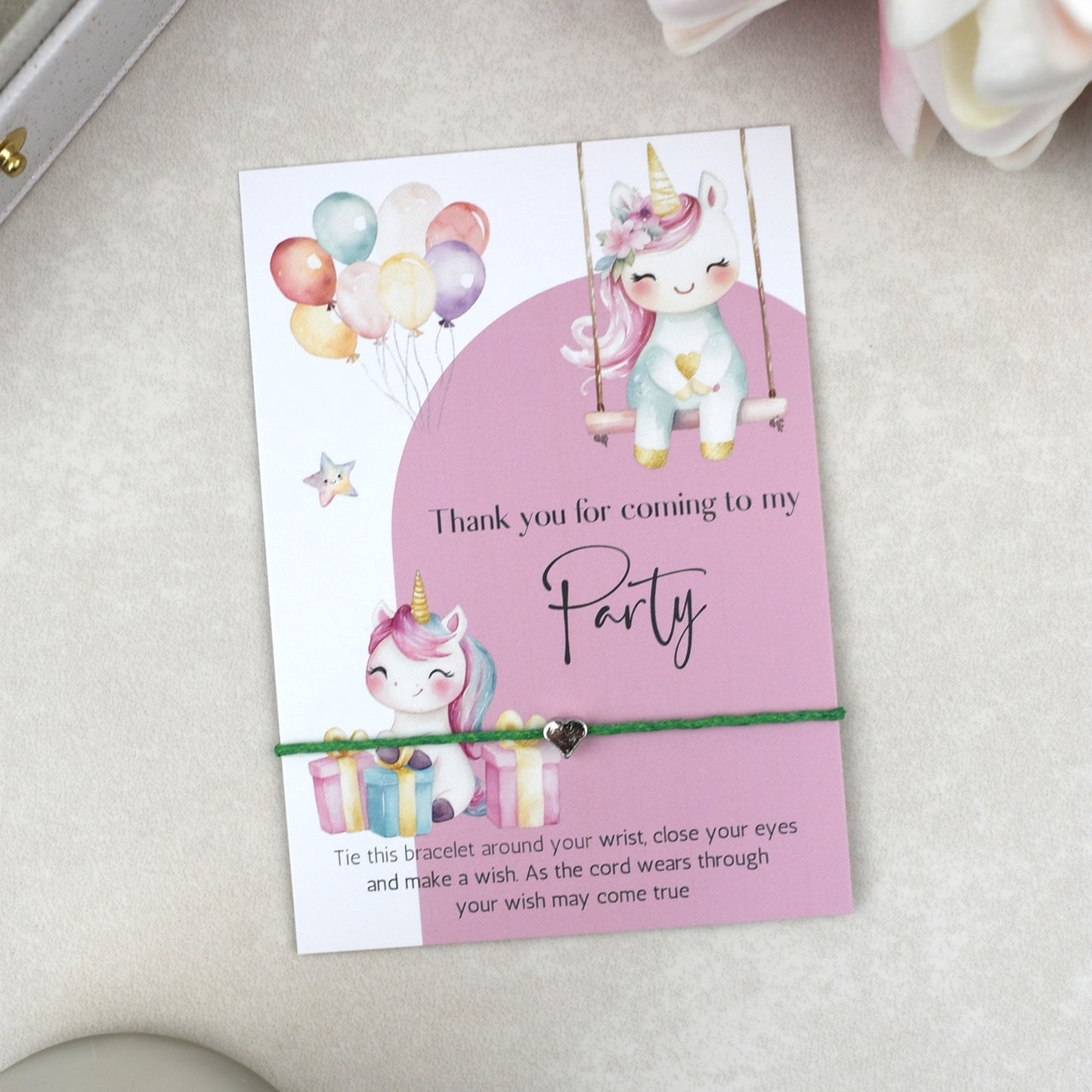 CLEARANCE - Thank You For Coming To My Party Unicorn Wish Bracelet | Heart Charm