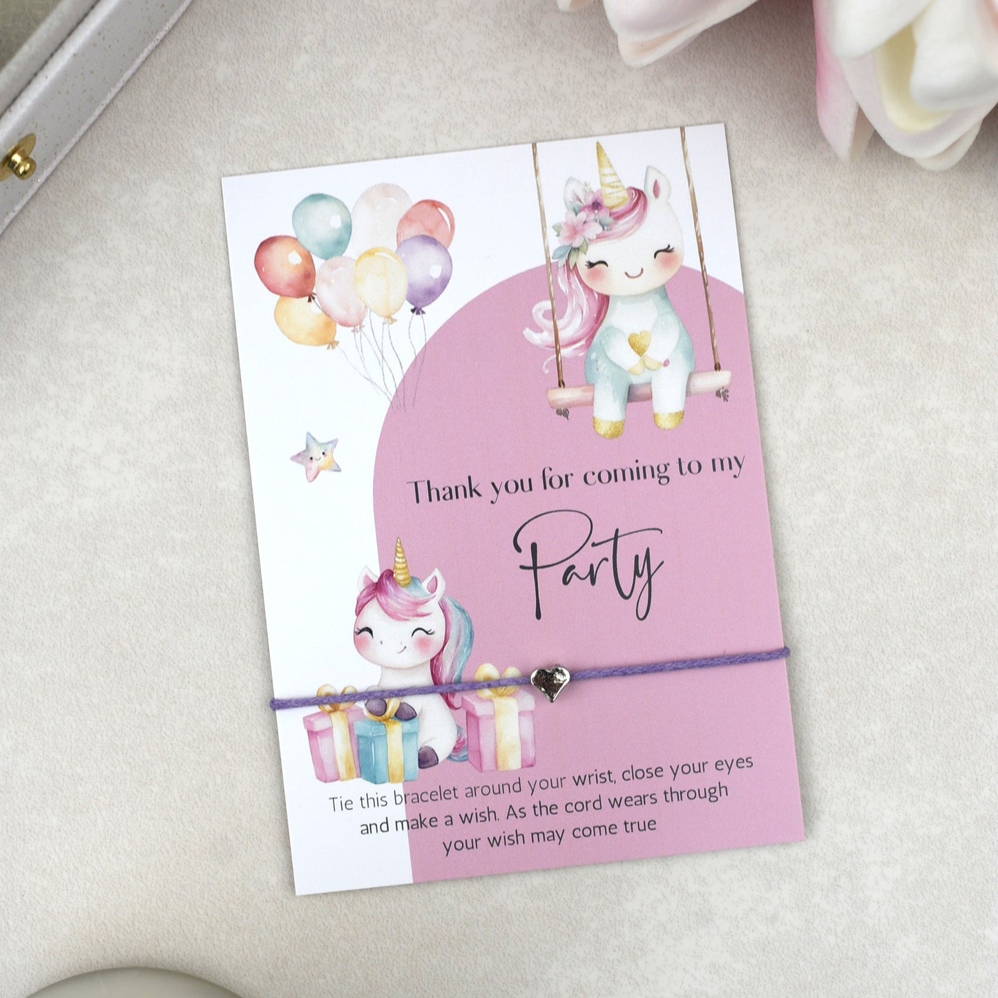 CLEARANCE - Thank You For Coming To My Party Unicorn Wish Bracelet | Heart Charm