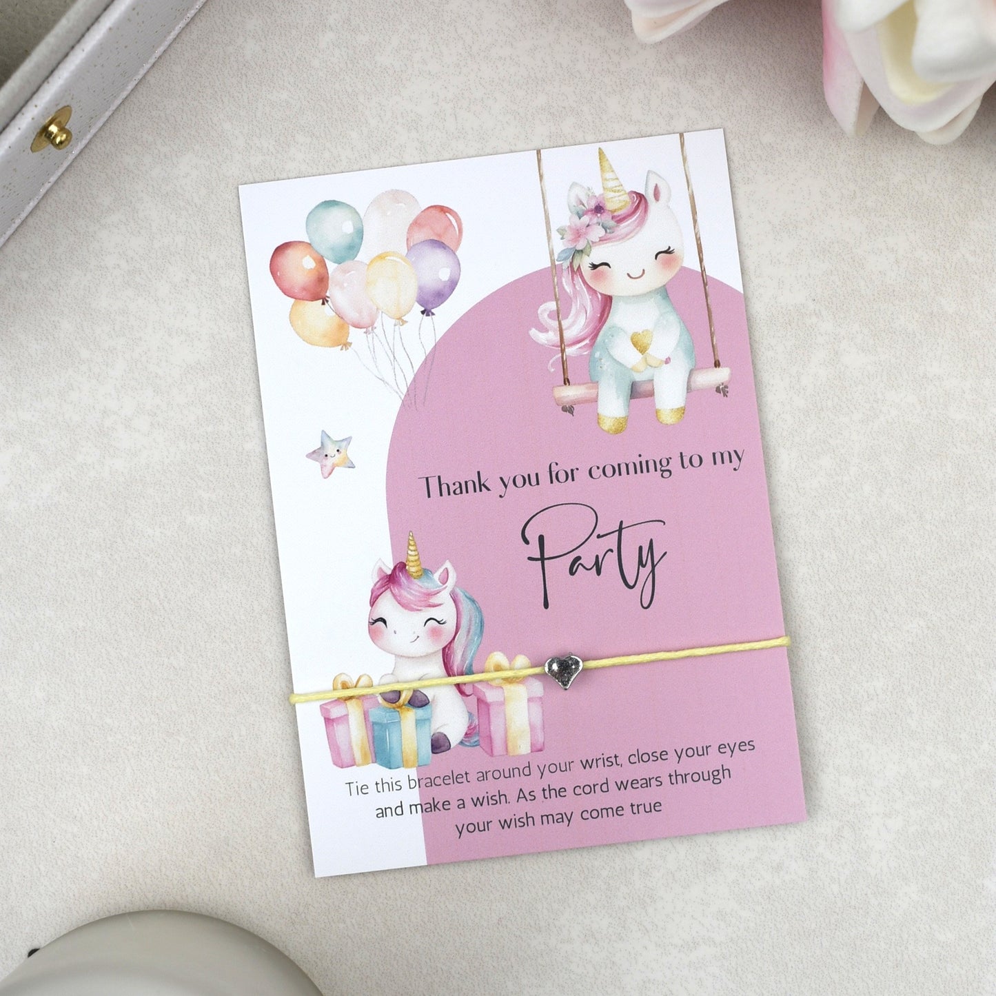 CLEARANCE - Thank You For Coming To My Party Unicorn Wish Bracelet | Heart Charm