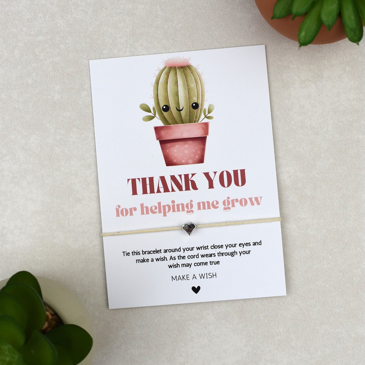 CLEARANCE - Thank You For Helping Me Grow Cactus Wish Bracelet | Heart Charm