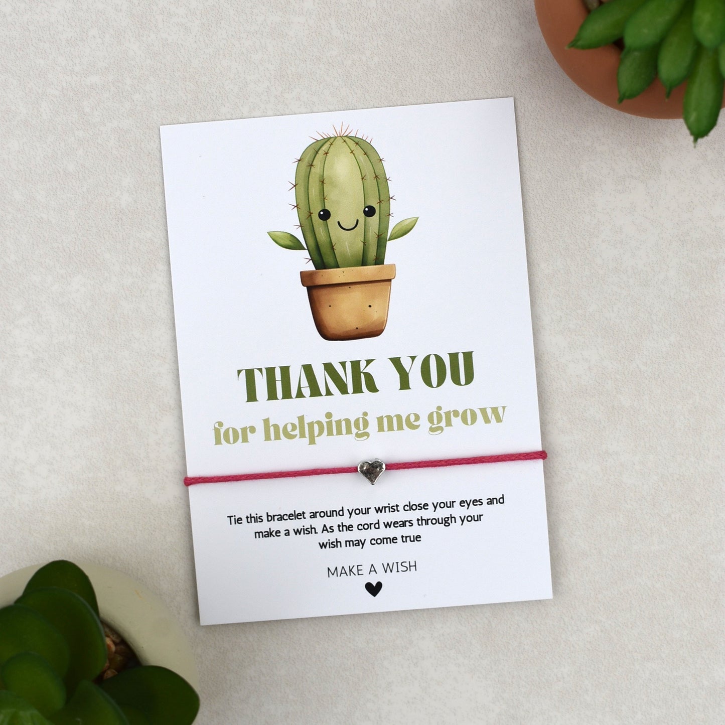 CLEARANCE - Thank You For Helping Me Grow Cactus Wish Bracelet | Heart Charm