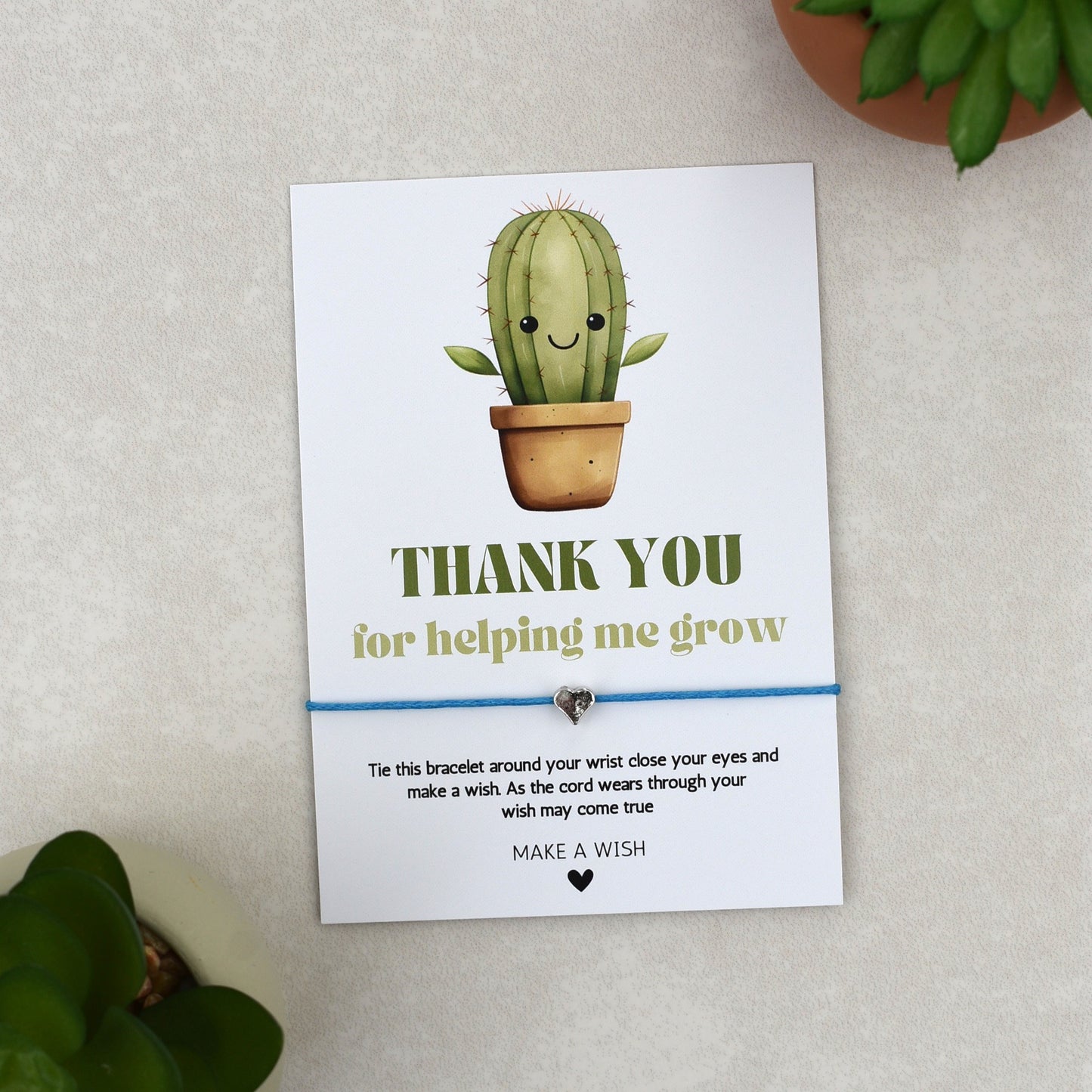 CLEARANCE - Thank You For Helping Me Grow Cactus Wish Bracelet | Heart Charm
