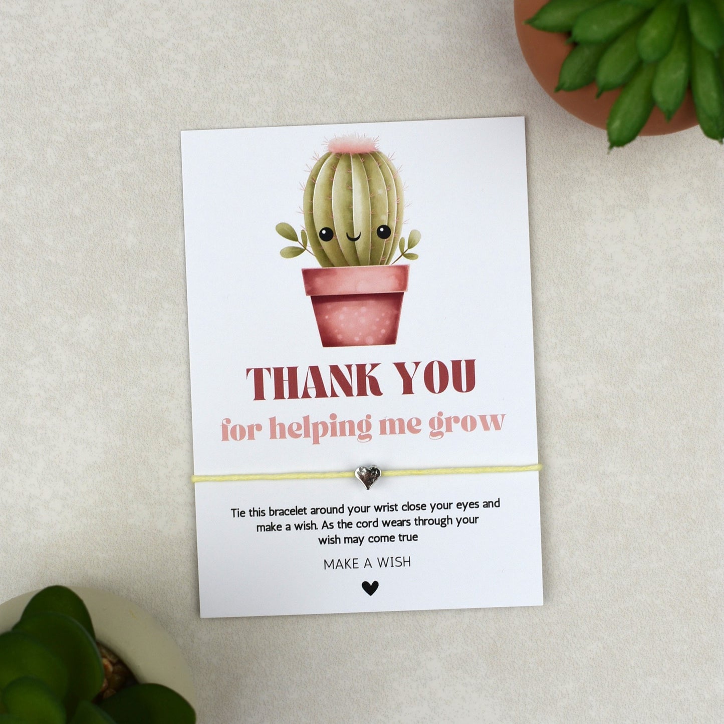 CLEARANCE - Thank You For Helping Me Grow Cactus Wish Bracelet | Heart Charm