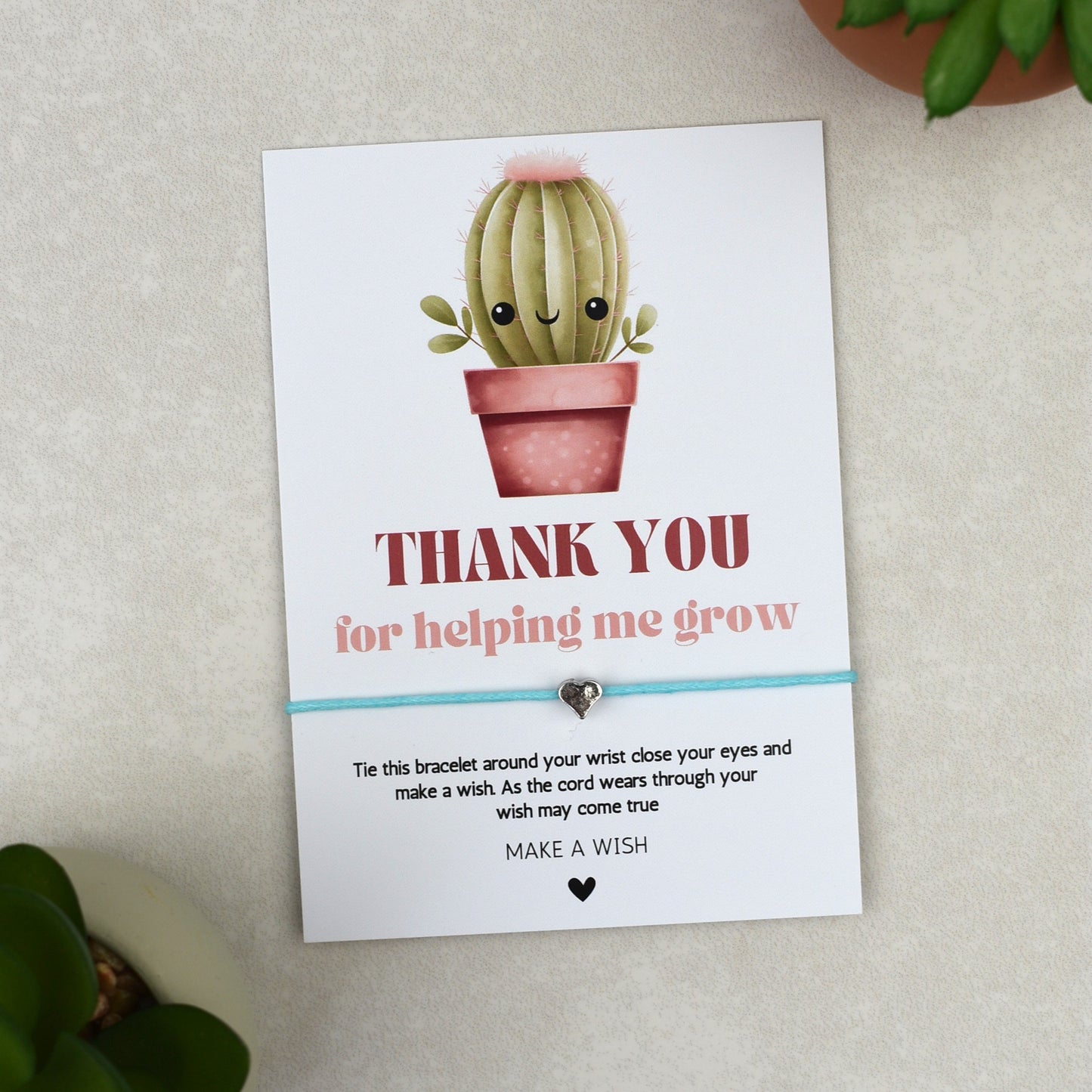 CLEARANCE - Thank You For Helping Me Grow Cactus Wish Bracelet | Heart Charm
