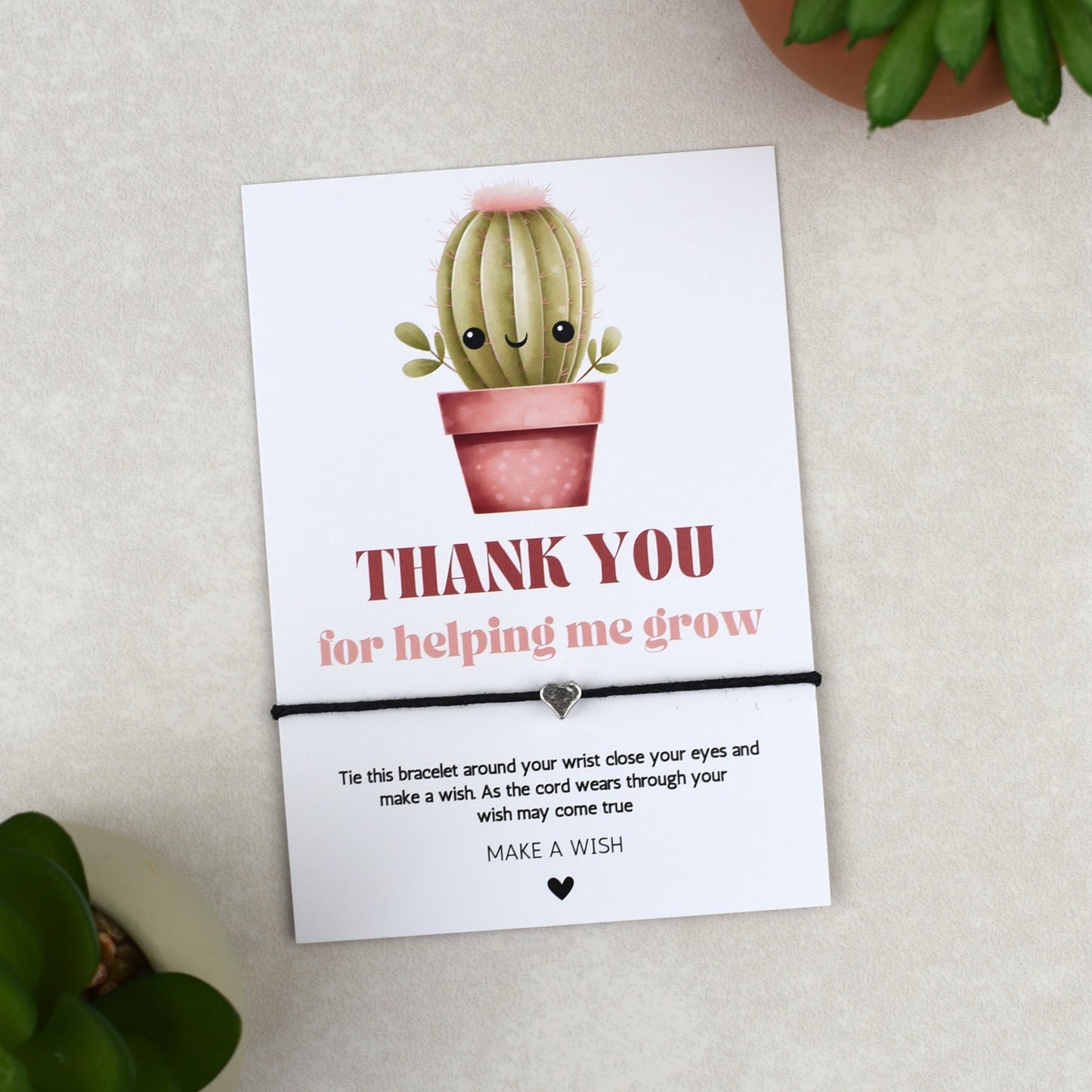 CLEARANCE - Thank You For Helping Me Grow Cactus Wish Bracelet | Heart Charm