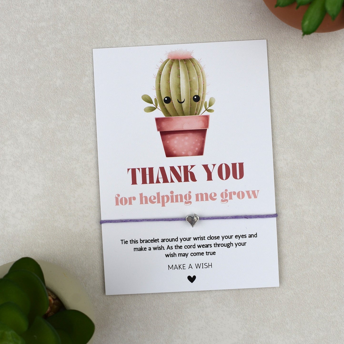 CLEARANCE - Thank You For Helping Me Grow Cactus Wish Bracelet | Heart Charm
