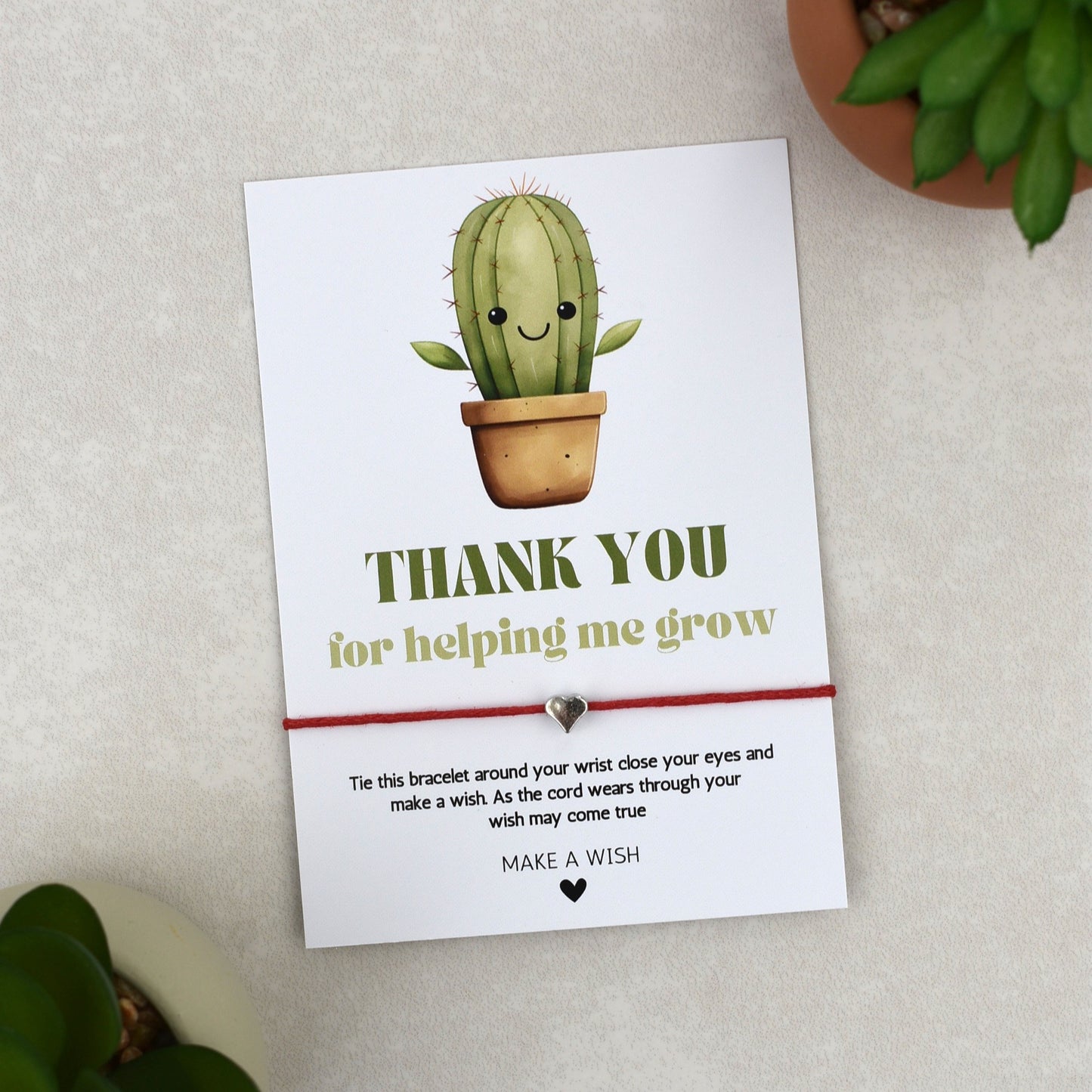 CLEARANCE - Thank You For Helping Me Grow Cactus Wish Bracelet | Heart Charm