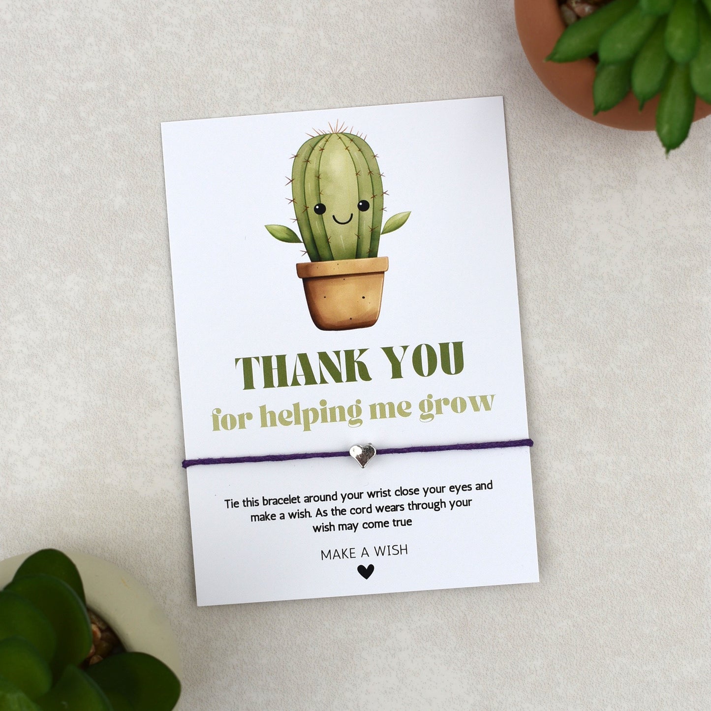 CLEARANCE - Thank You For Helping Me Grow Cactus Wish Bracelet | Heart Charm
