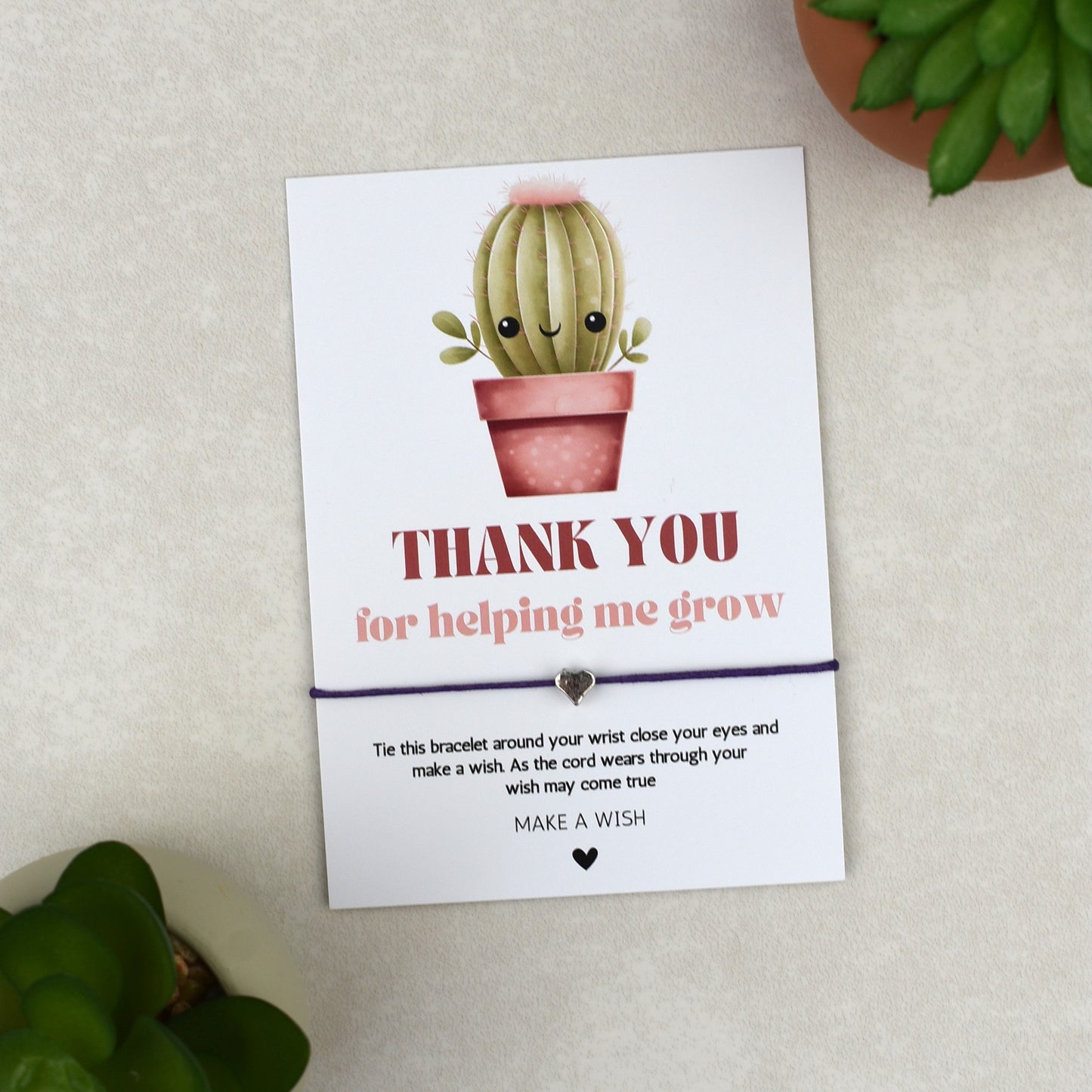 CLEARANCE - Thank You For Helping Me Grow Cactus Wish Bracelet | Heart Charm