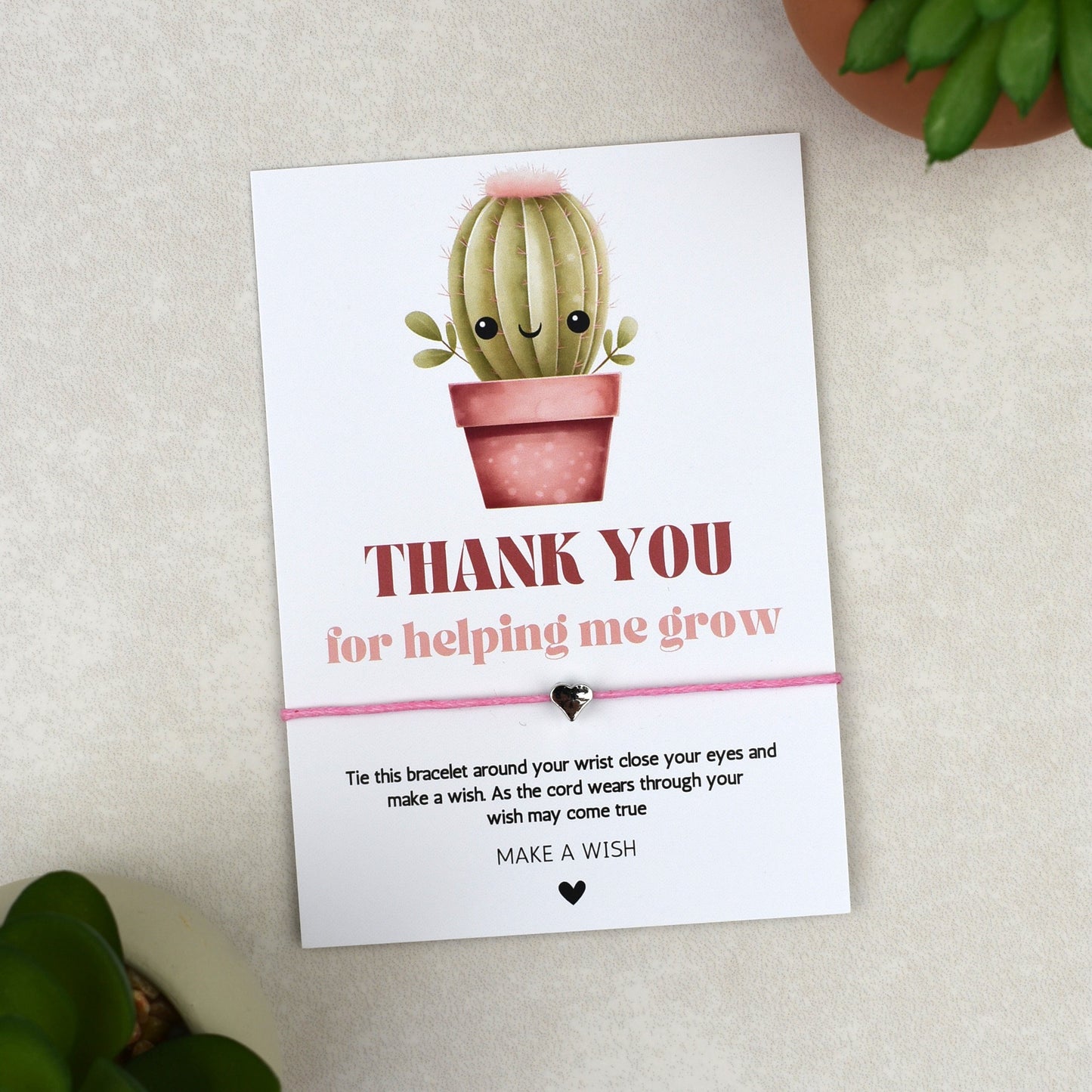 CLEARANCE - Thank You For Helping Me Grow Cactus Wish Bracelet | Heart Charm