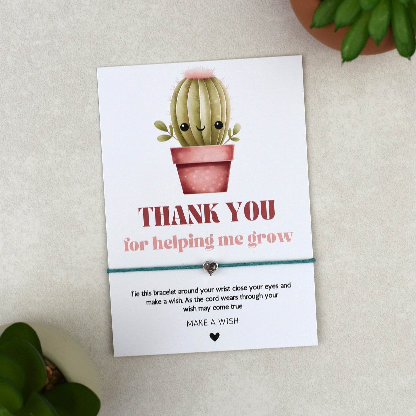 CLEARANCE - Thank You For Helping Me Grow Cactus Wish Bracelet | Heart Charm