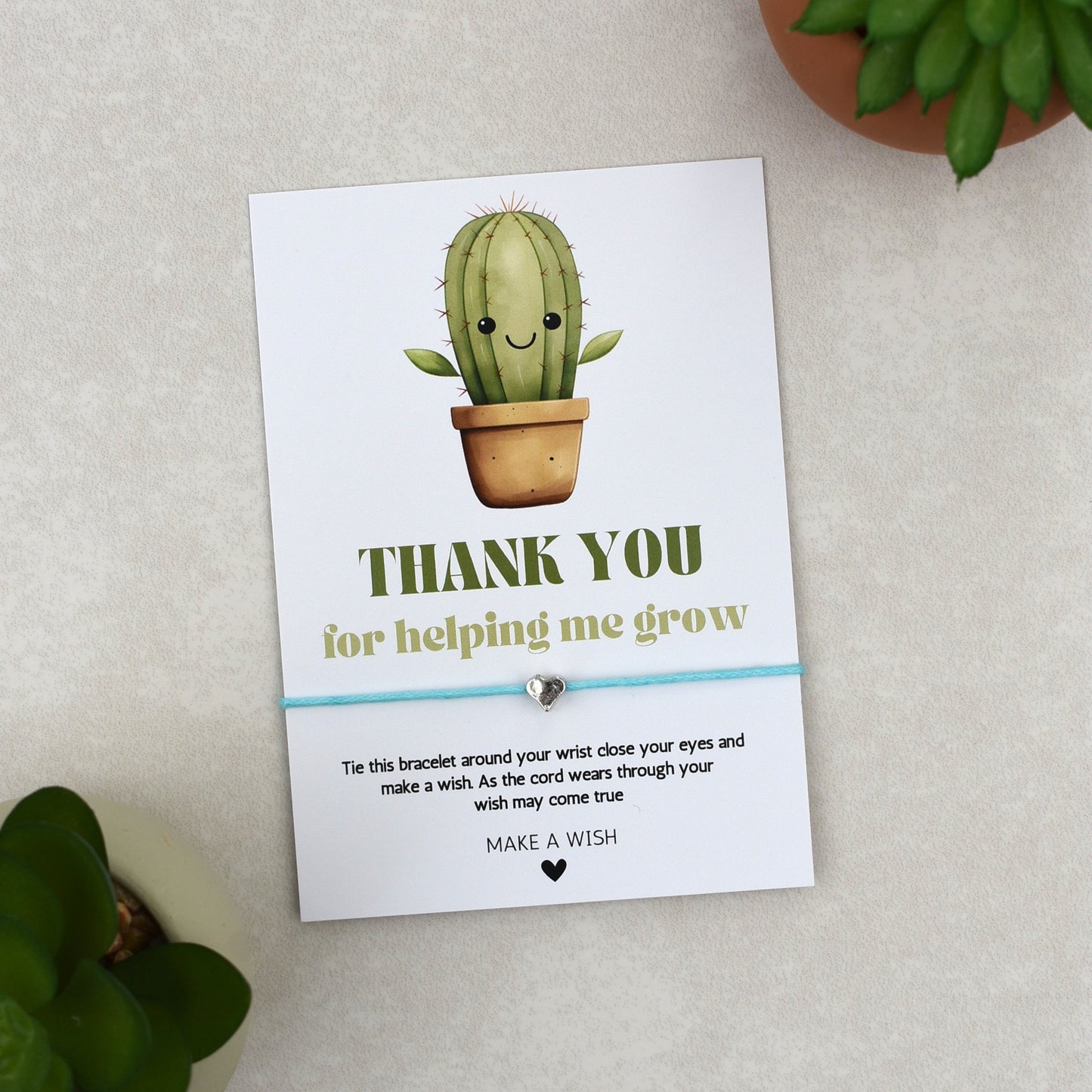CLEARANCE - Thank You For Helping Me Grow Cactus Wish Bracelet | Heart Charm