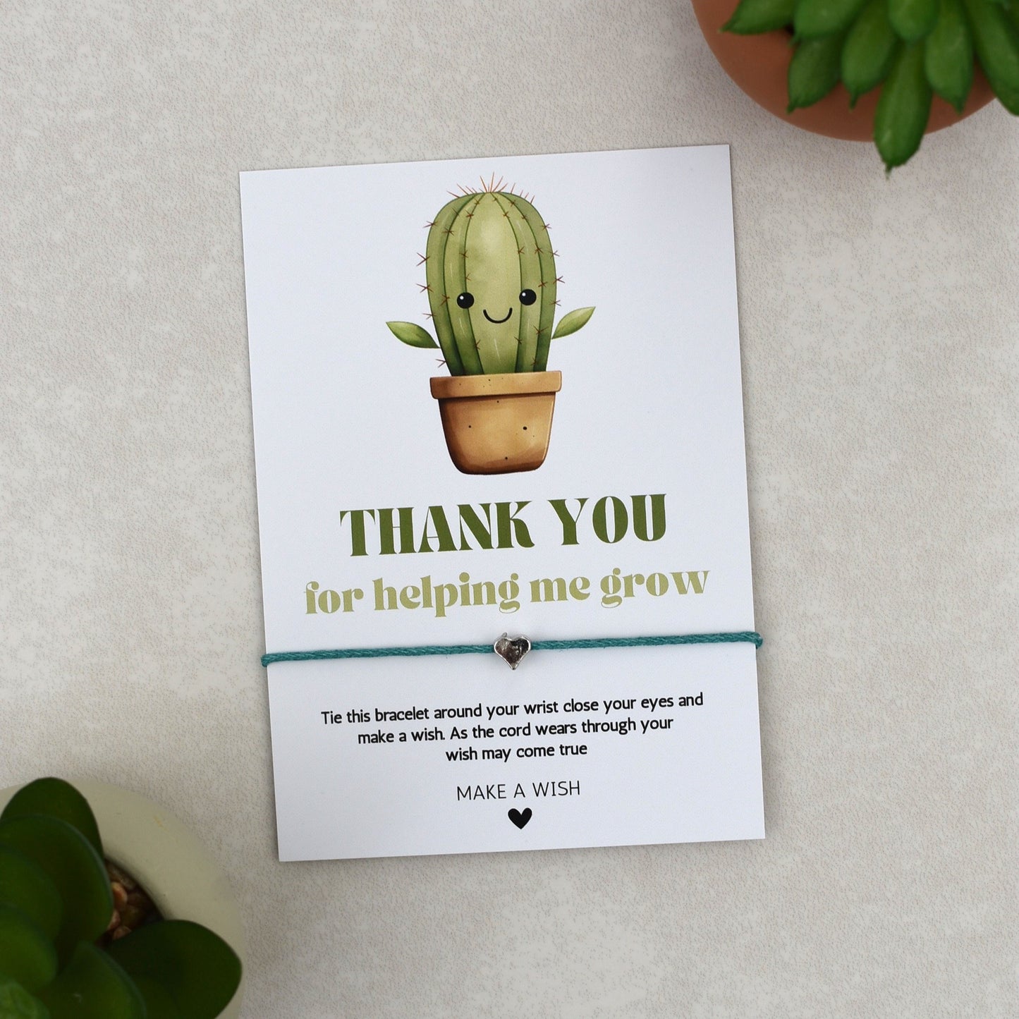 CLEARANCE - Thank You For Helping Me Grow Cactus Wish Bracelet | Heart Charm