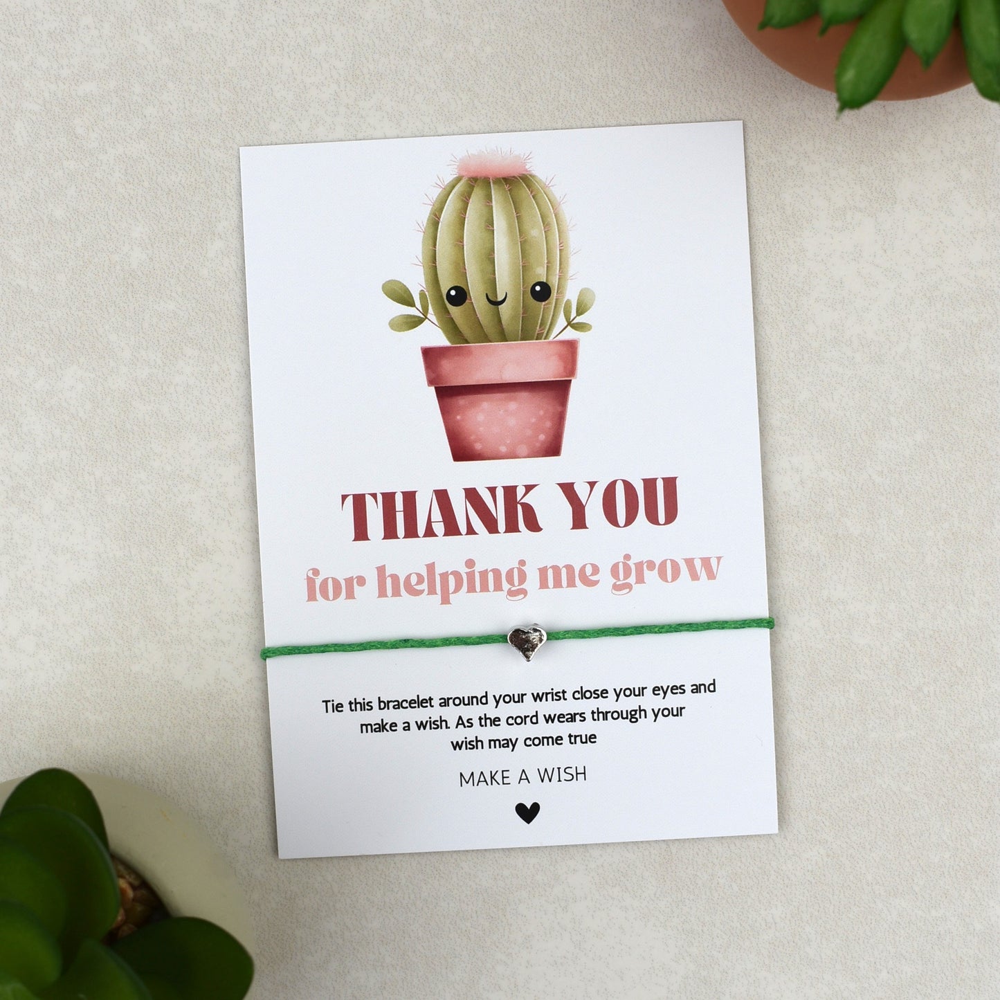 CLEARANCE - Thank You For Helping Me Grow Cactus Wish Bracelet | Heart Charm