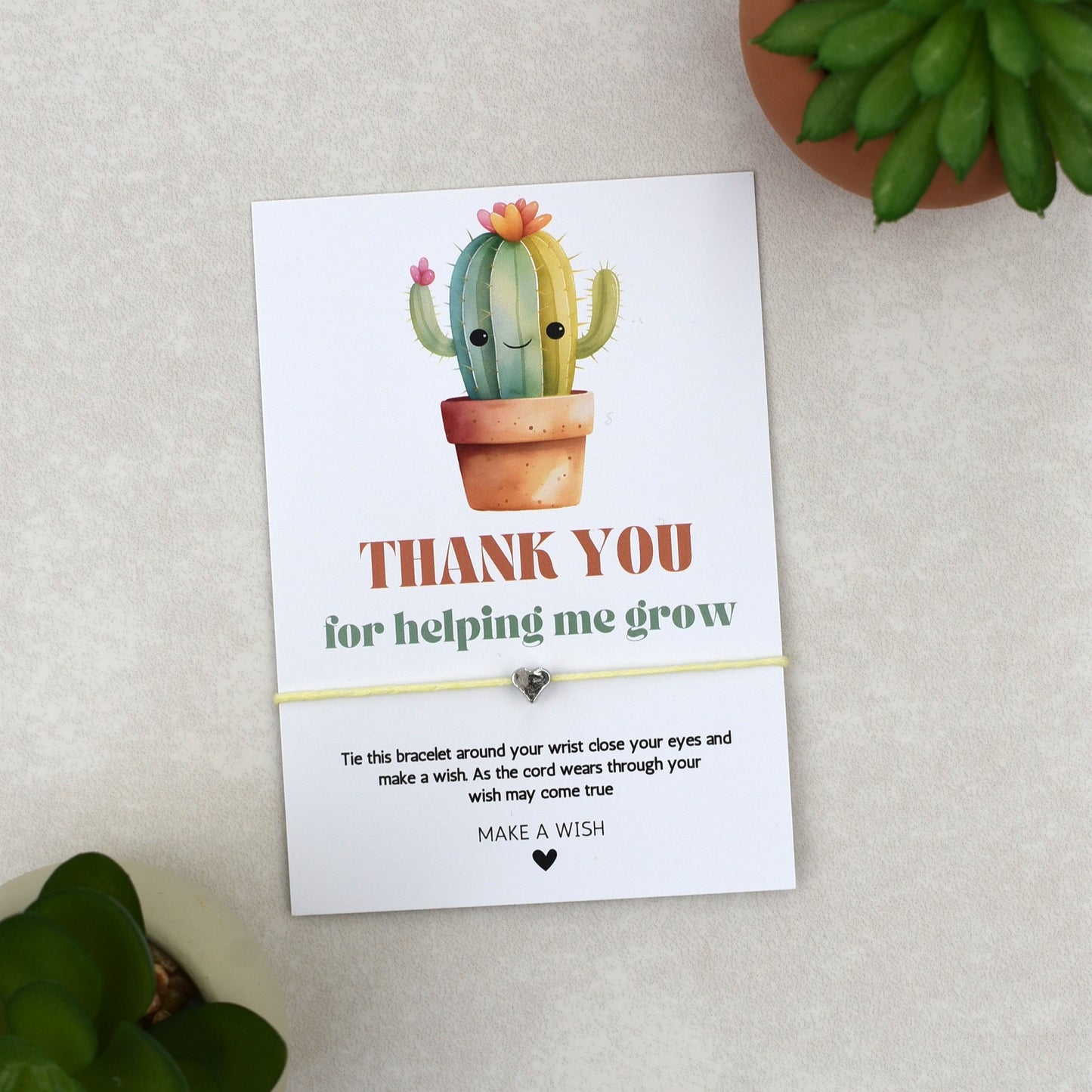 CLEARANCE - Thank You For Helping Me Grow Cactus Wish Bracelet | Heart Charm