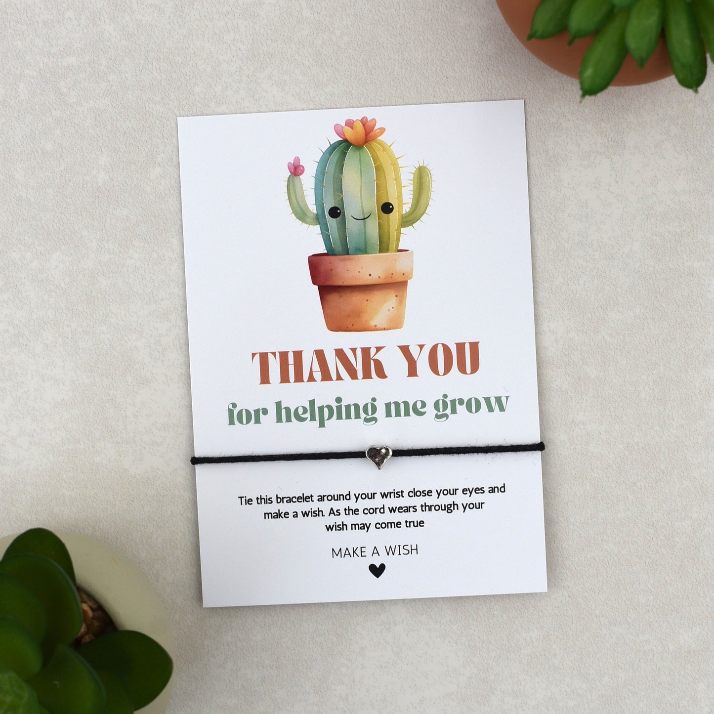 CLEARANCE - Thank You For Helping Me Grow Cactus Wish Bracelet | Heart Charm